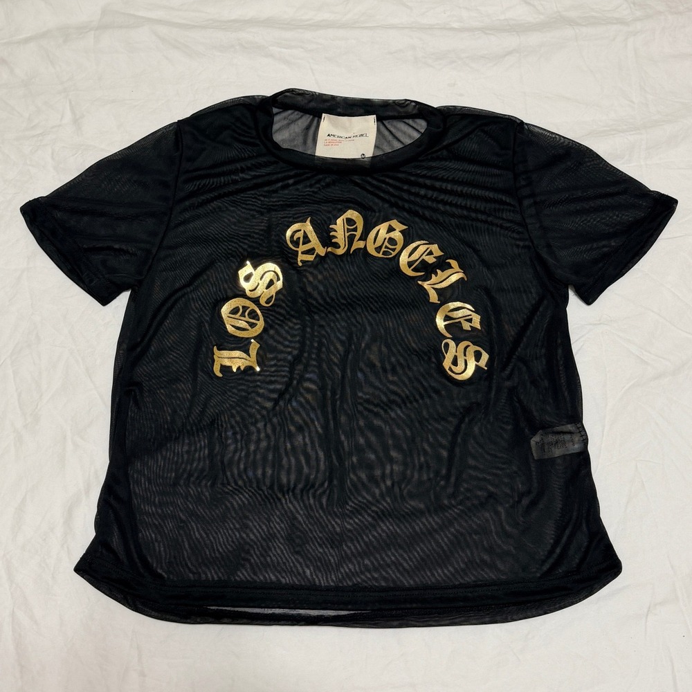 American Rebel Los Angeles Mesh Sheer Gold Black Crop Top Size Medium Streetwear